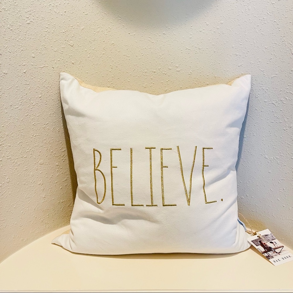 Rae Dunn “BELIVE” White and Gold Decorate Cotton Pillow OS NWT